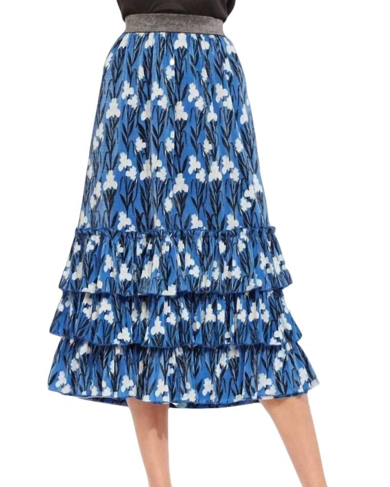 Front of a model wearing a size L Enver Skirt in Blue Iris in Blue Iris by EVA FRANCO. | dia_product_style_image_id:339454
